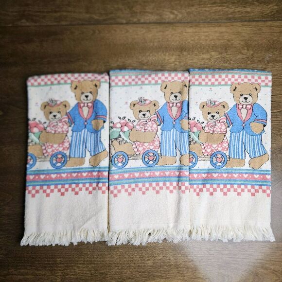 Quality Franco Brown Teddy Bear Picnic Bears Kitchen Hand Towel Lot Of 3 - Picture 1 of 7
